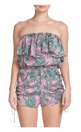 Elan Beachwear Strapless Off Shoulder Romper in Pink/ Green Palm